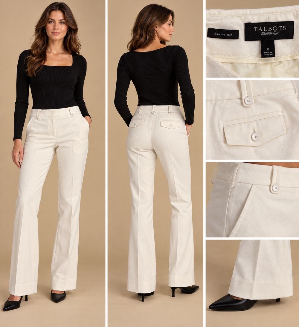 Talbots Signature Boot Pants Womens 8 Ivory Cream Bootcut Flare Dress Trousers